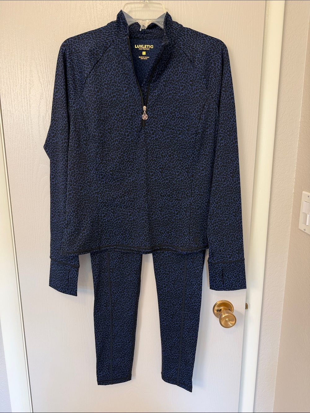 Lilly Pulitzer Luxletic Leopard 3/4 Zip top with matching leggings- Blue & Black